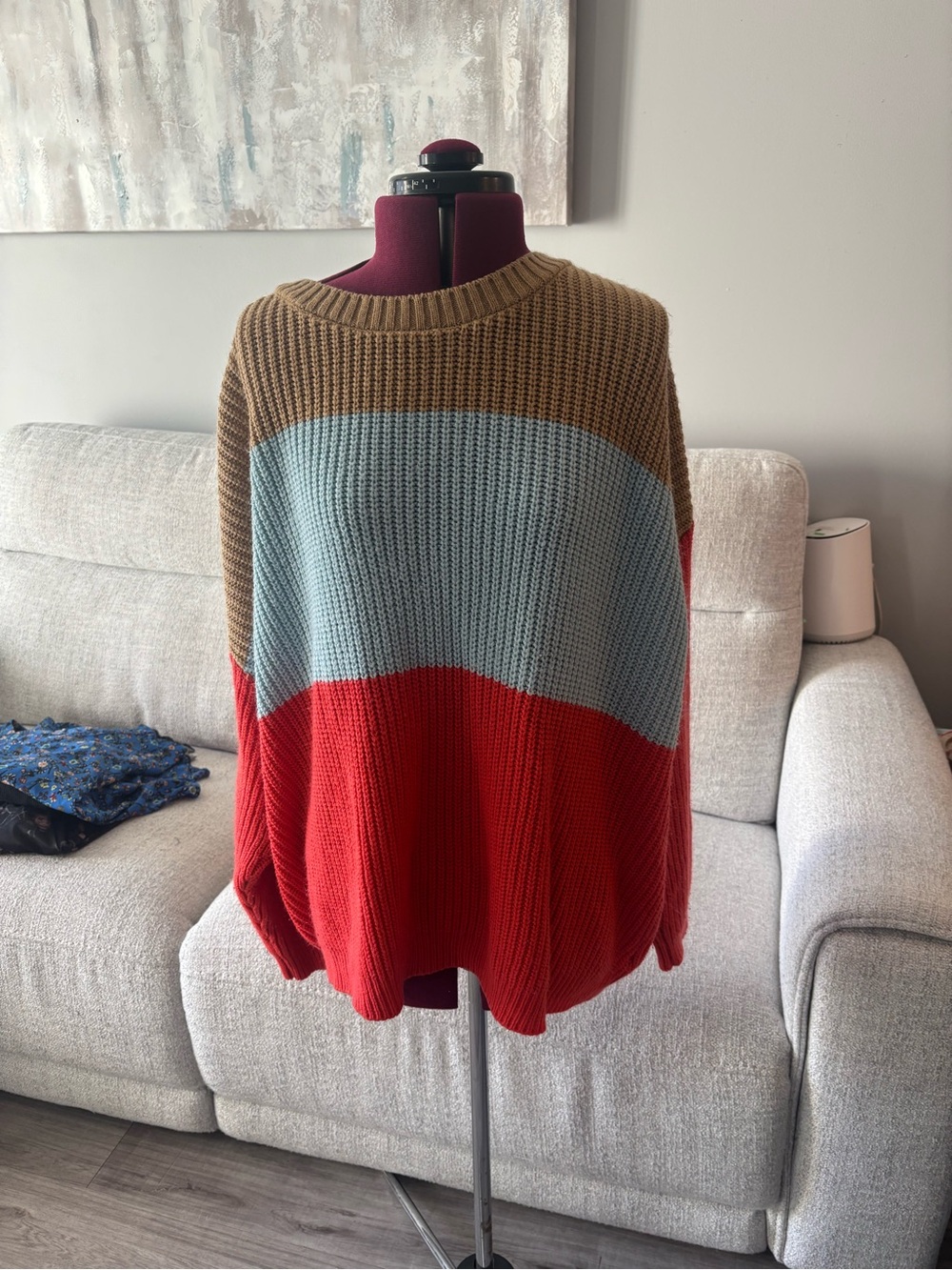 Warehouse Colorblock Crewneck Sweater in Red, Light Blue & Brown